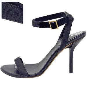 Gucci GG Logo Black Guccissima Monogram Canvas Gold Strappy High Heels US 8.5